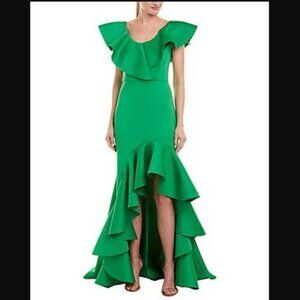 VENUS SZ L (12-14) Stunning Bold Green High-Low Ruffled Stretch Maxi Party Dress